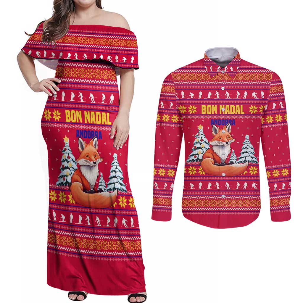 Bon Nadal Andorra Christmas Couples Matching Off Shoulder Maxi Dress and Long Sleeve Button Shirt with Fox Snowy Trees and Andorran Flag - Wonder Print Shop