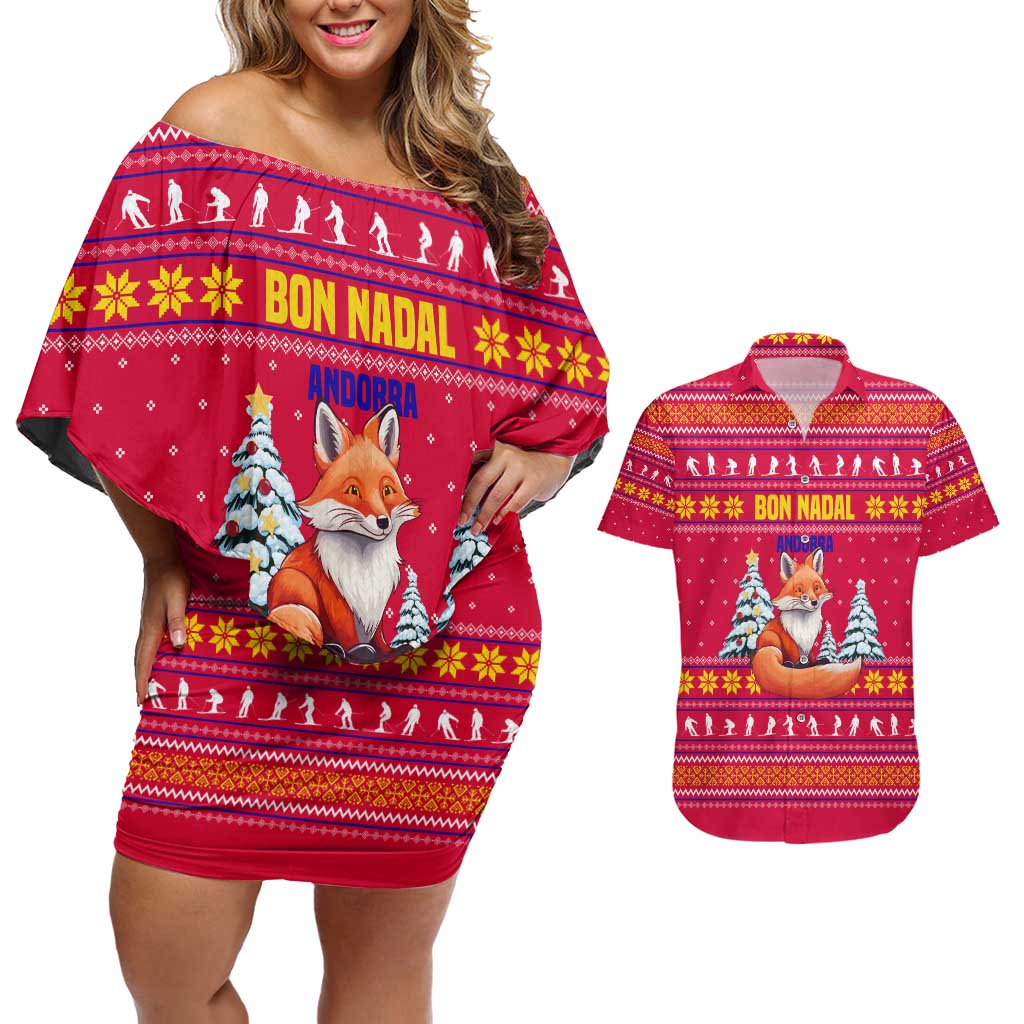 Bon Nadal Andorra Christmas Couples Matching Off Shoulder Short Dress and Hawaiian Shirt with Fox Snowy Trees and Andorran Flag - Wonder Print Shop