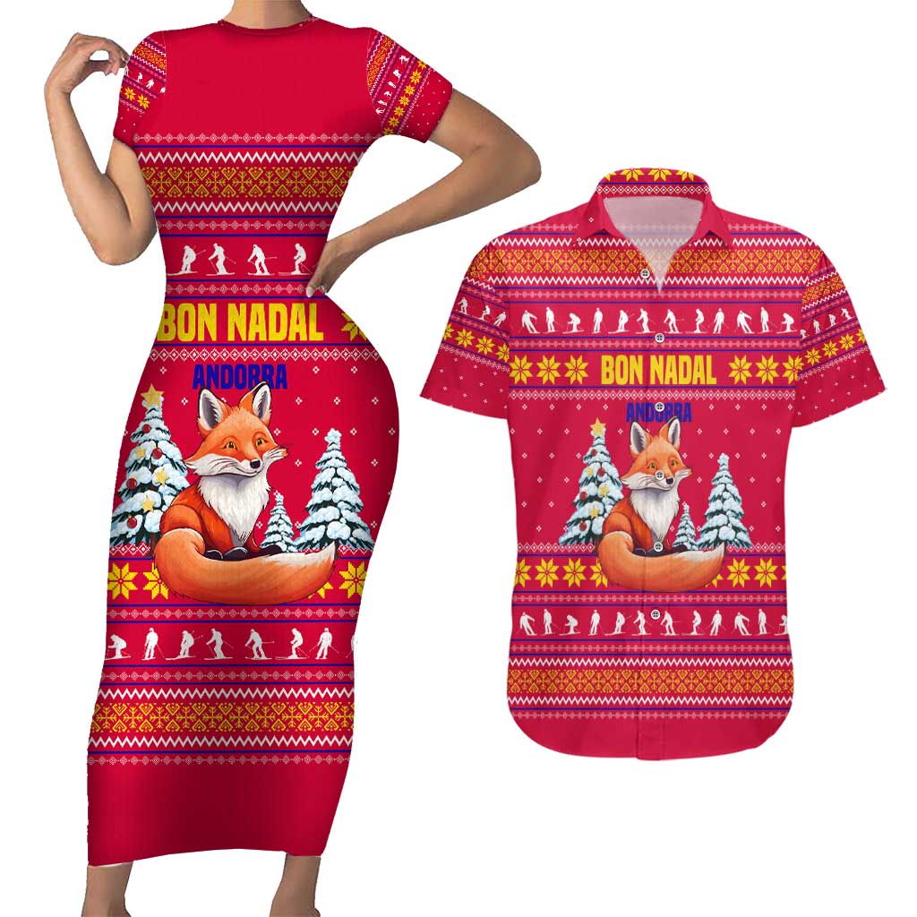 Bon Nadal Andorra Christmas Couples Matching Short Sleeve Bodycon Dress and Hawaiian Shirt with Fox Snowy Trees and Andorran Flag - Wonder Print Shop