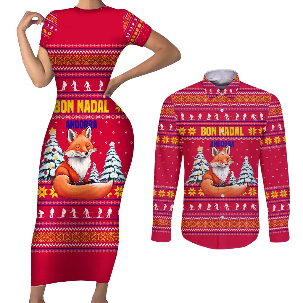 Bon Nadal Andorra Christmas Couples Matching Short Sleeve Bodycon Dress and Long Sleeve Button Shirt with Fox Snowy Trees and Andorran Flag - Wonder Print Shop