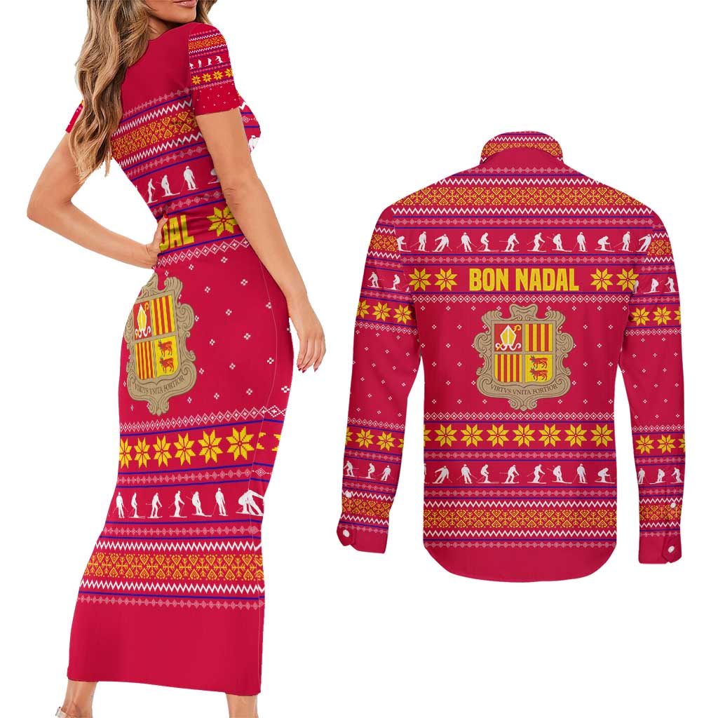 Bon Nadal Andorra Christmas Couples Matching Short Sleeve Bodycon Dress and Long Sleeve Button Shirt with Fox Snowy Trees and Andorran Flag - Wonder Print Shop