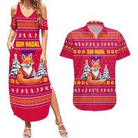 Bon Nadal Andorra Christmas Couples Matching Summer Maxi Dress and Hawaiian Shirt with Fox Snowy Trees and Andorran Flag - Wonder Print Shop