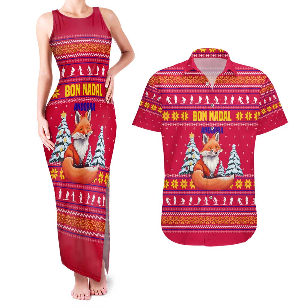 Bon Nadal Andorra Christmas Couples Matching Tank Maxi Dress and Hawaiian Shirt with Fox Snowy Trees and Andorran Flag - Wonder Print Shop