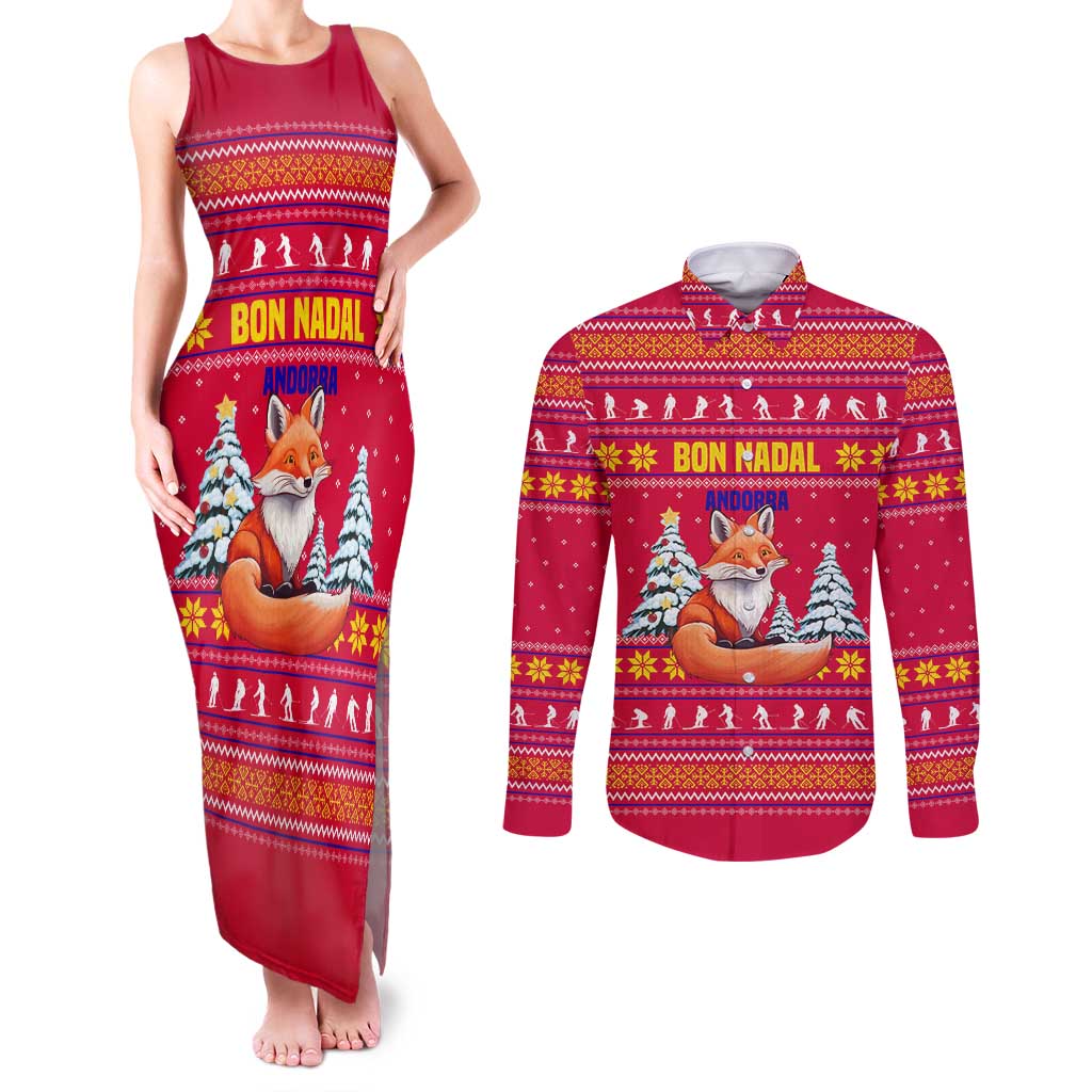 Bon Nadal Andorra Christmas Couples Matching Tank Maxi Dress and Long Sleeve Button Shirt with Fox Snowy Trees and Andorran Flag - Wonder Print Shop