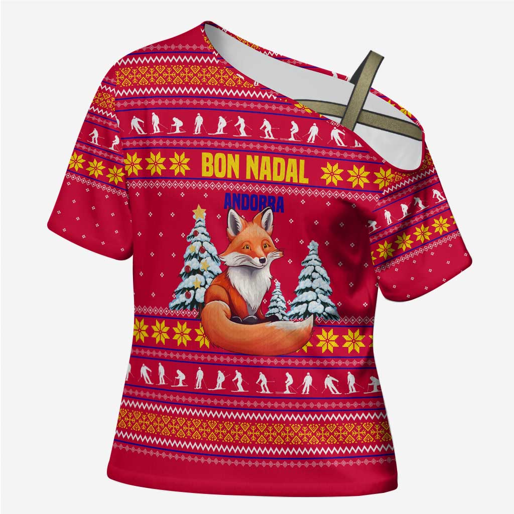 Bon Nadal Andorra Christmas Cross Shoulder Shirt with Fox Snowy Trees and Andorran Flag - Wonder Print Shop