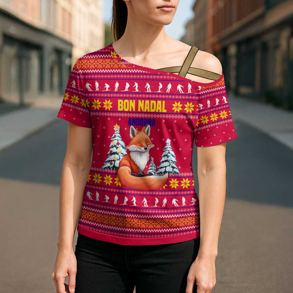Bon Nadal Andorra Christmas Cross Shoulder Shirt with Fox Snowy Trees and Andorran Flag - Wonder Print Shop