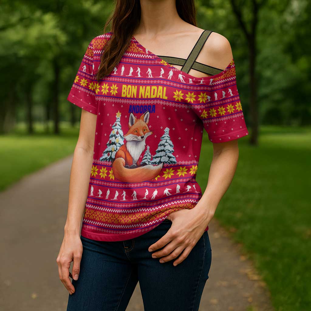 Bon Nadal Andorra Christmas Cross Shoulder Shirt with Fox Snowy Trees and Andorran Flag - Wonder Print Shop