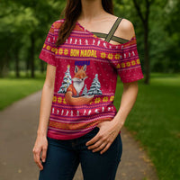 Bon Nadal Andorra Christmas Cross Shoulder Shirt with Fox Snowy Trees and Andorran Flag - Wonder Print Shop