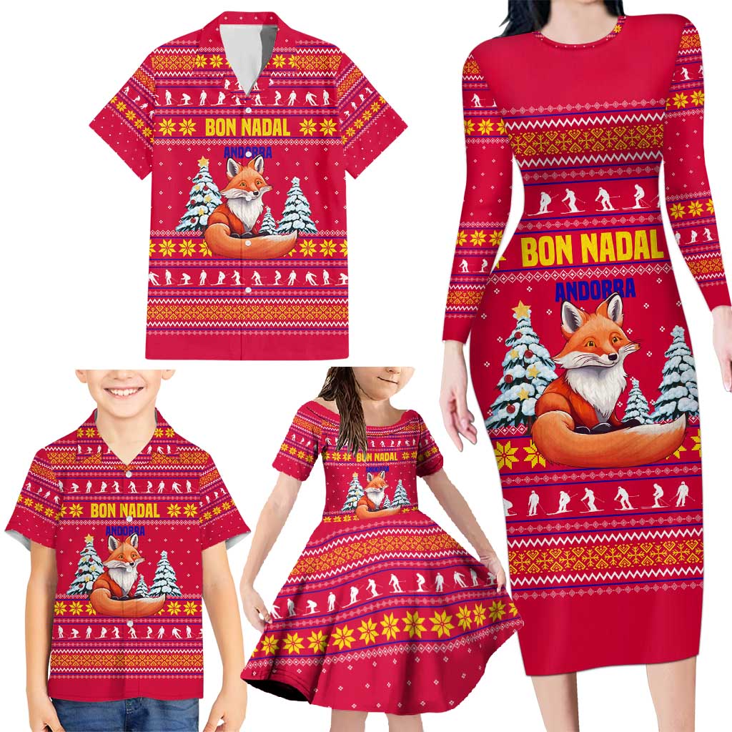 Bon Nadal Andorra Christmas Family Matching Long Sleeve Bodycon Dress and Hawaiian Shirt with Fox Snowy Trees and Andorran Flag - Wonder Print Shop