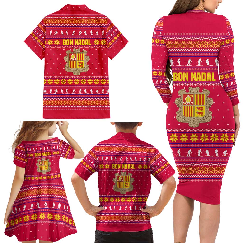 Bon Nadal Andorra Christmas Family Matching Long Sleeve Bodycon Dress and Hawaiian Shirt with Fox Snowy Trees and Andorran Flag - Wonder Print Shop