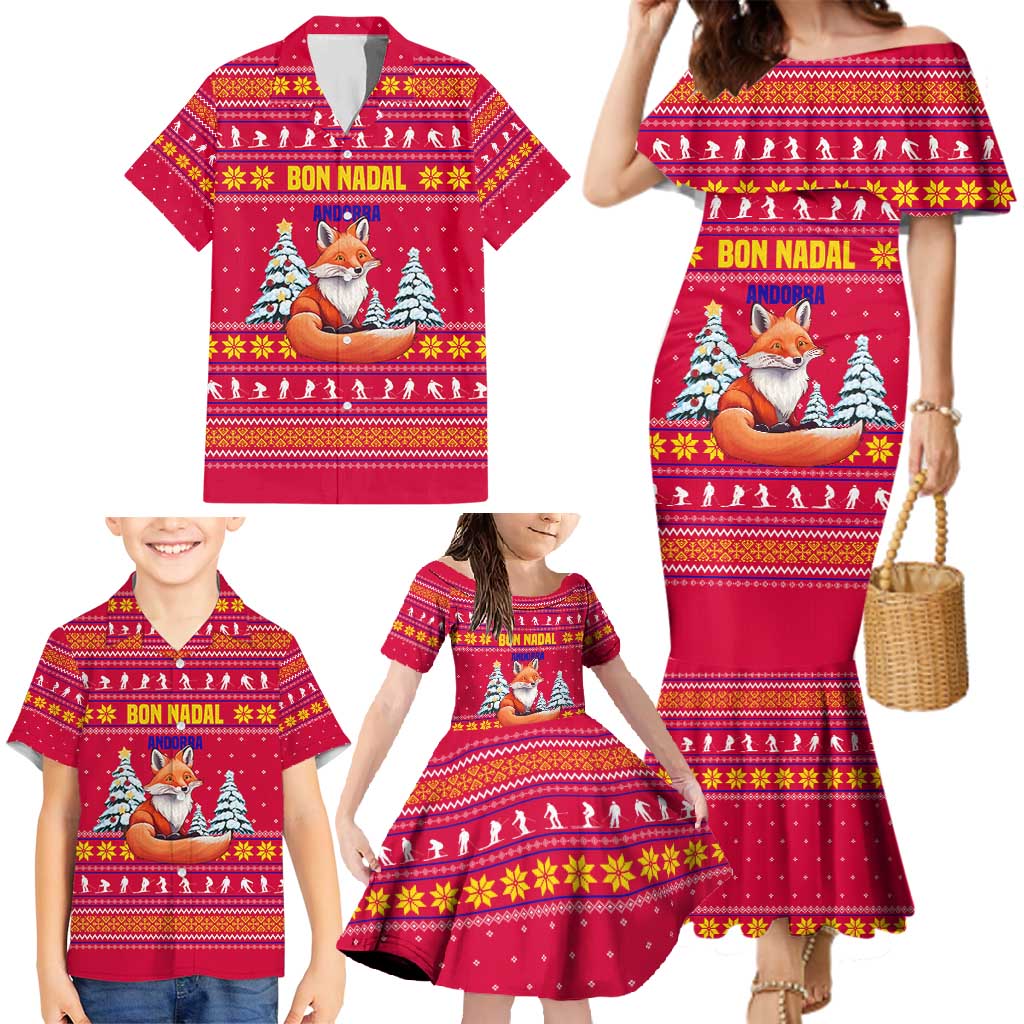 Bon Nadal Andorra Christmas Family Matching Mermaid Dress and Hawaiian Shirt with Fox Snowy Trees and Andorran Flag - Wonder Print Shop