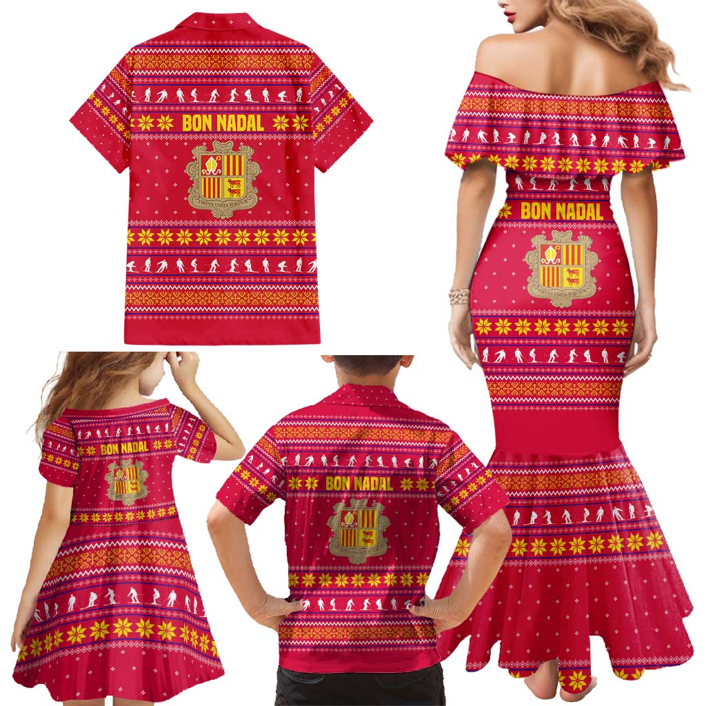 Bon Nadal Andorra Christmas Family Matching Mermaid Dress and Hawaiian Shirt with Fox Snowy Trees and Andorran Flag - Wonder Print Shop