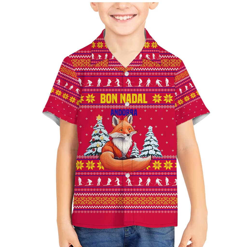 Bon Nadal Andorra Christmas Family Matching Mermaid Dress and Hawaiian Shirt with Fox Snowy Trees and Andorran Flag - Wonder Print Shop