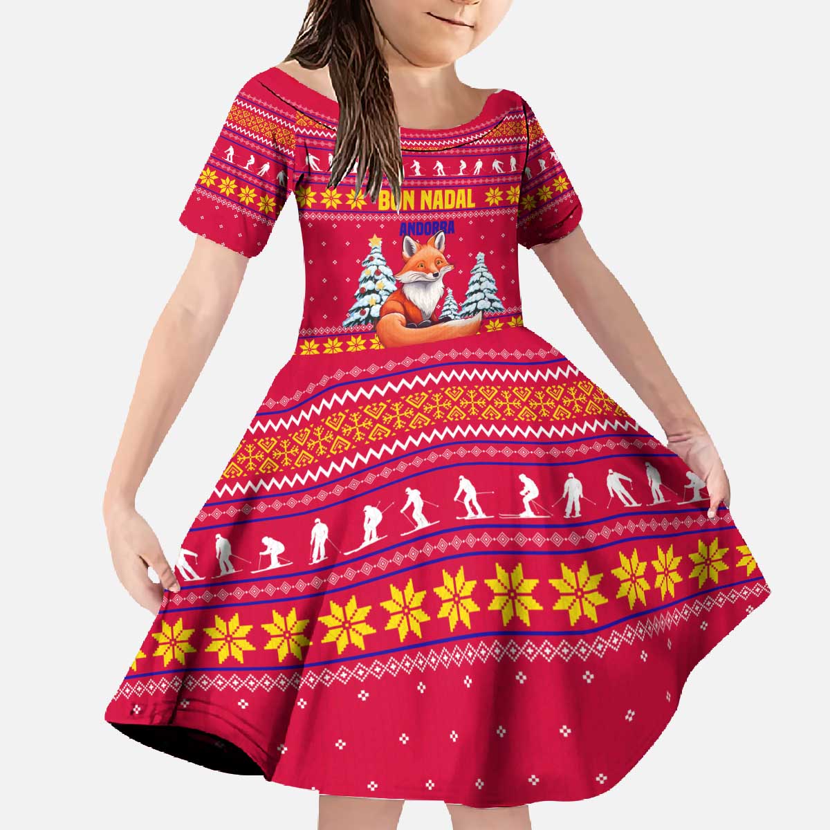 Bon Nadal Andorra Christmas Family Matching Off The Shoulder Long Sleeve Dress and Hawaiian Shirt with Fox Snowy Trees and Andorran Flag - Wonder Print Shop
