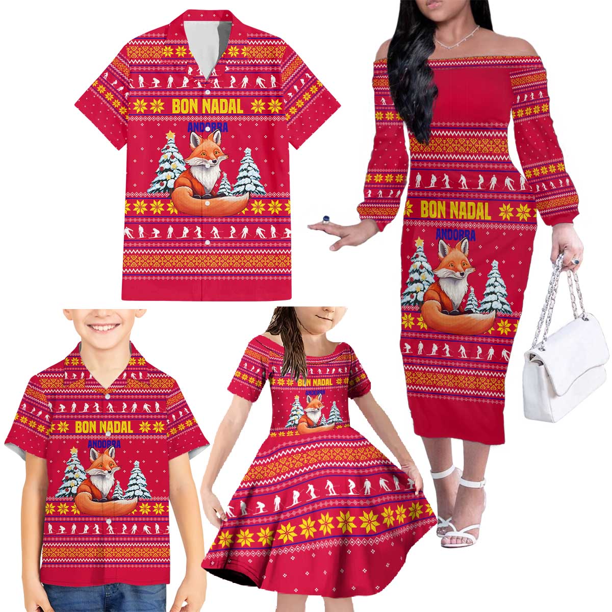 Bon Nadal Andorra Christmas Family Matching Off The Shoulder Long Sleeve Dress and Hawaiian Shirt with Fox Snowy Trees and Andorran Flag - Wonder Print Shop