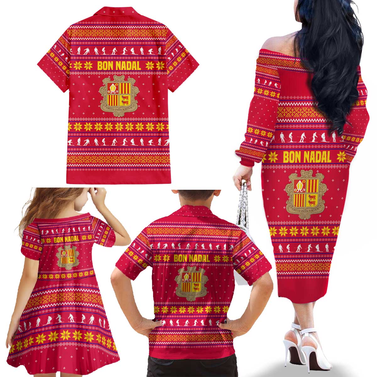Bon Nadal Andorra Christmas Family Matching Off The Shoulder Long Sleeve Dress and Hawaiian Shirt with Fox Snowy Trees and Andorran Flag - Wonder Print Shop
