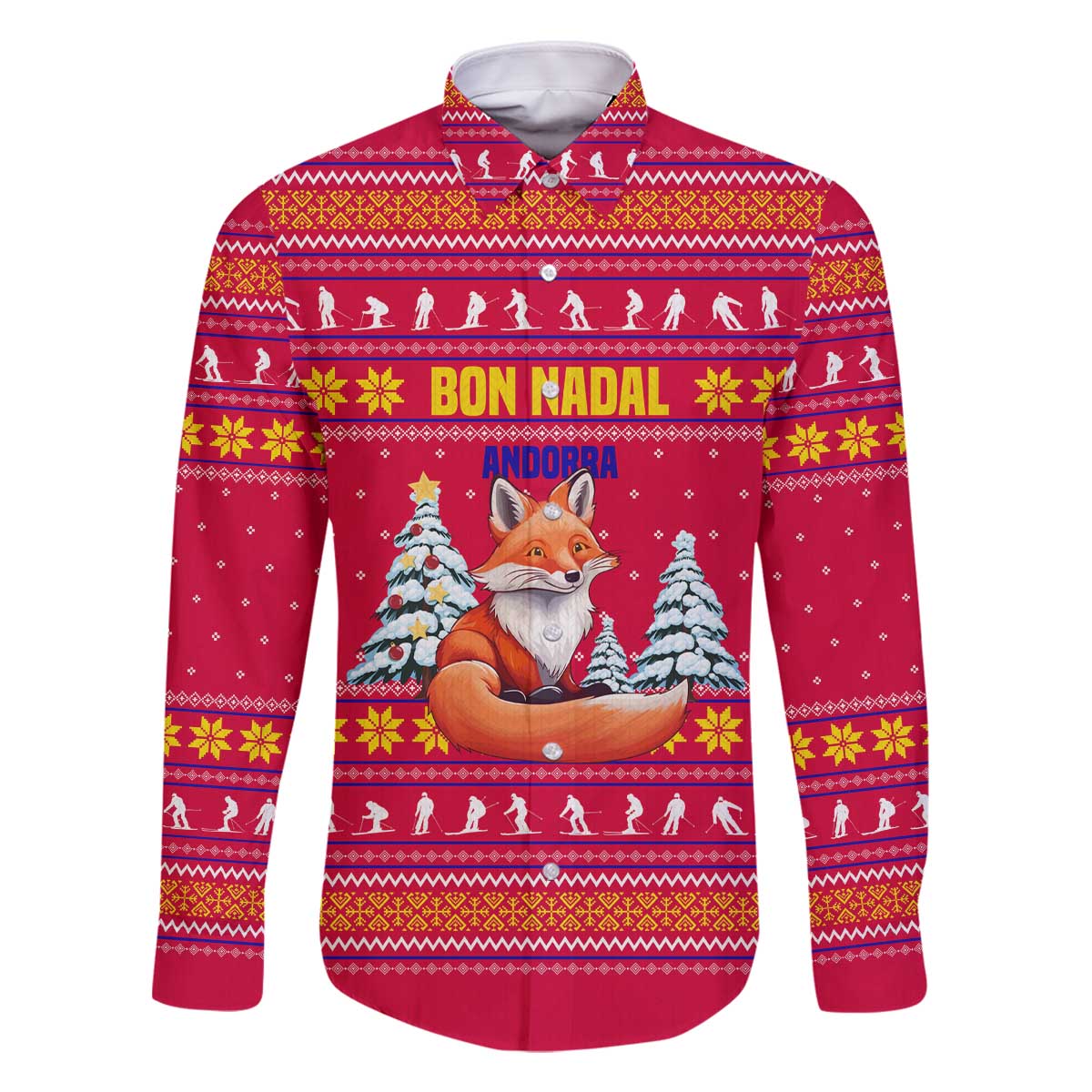 Bon Nadal Andorra Christmas Family Matching Off The Shoulder Long Sleeve Dress and Hawaiian Shirt with Fox Snowy Trees and Andorran Flag - Wonder Print Shop