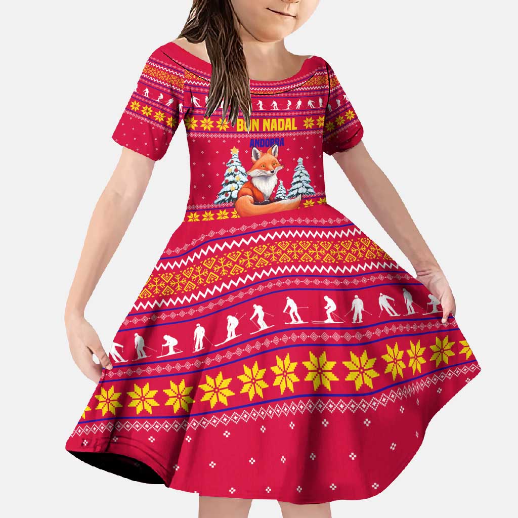 Bon Nadal Andorra Christmas Family Matching Off Shoulder Maxi Dress and Hawaiian Shirt with Fox Snowy Trees and Andorran Flag - Wonder Print Shop