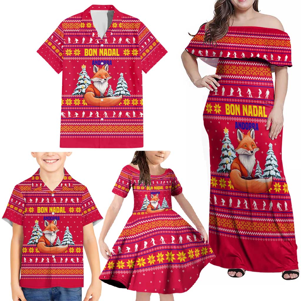 Bon Nadal Andorra Christmas Family Matching Off Shoulder Maxi Dress and Hawaiian Shirt with Fox Snowy Trees and Andorran Flag - Wonder Print Shop