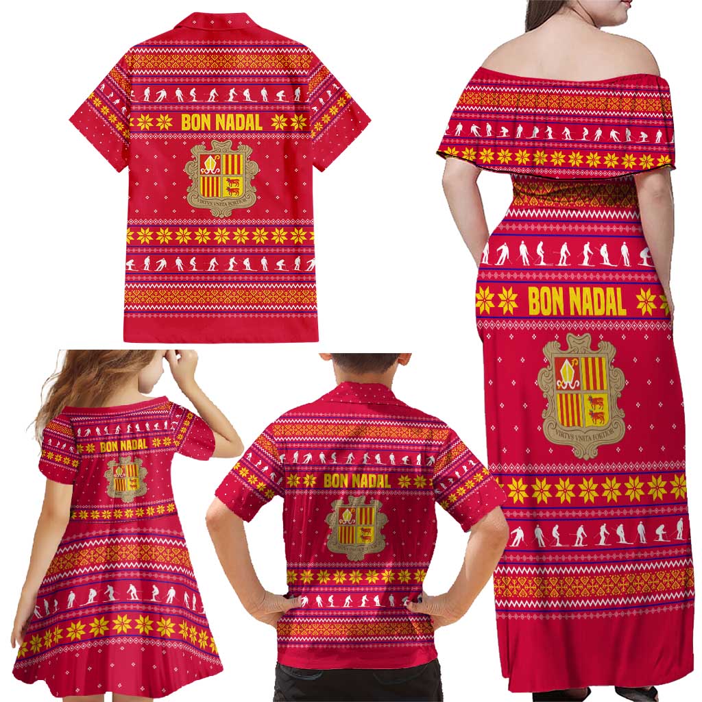 Bon Nadal Andorra Christmas Family Matching Off Shoulder Maxi Dress and Hawaiian Shirt with Fox Snowy Trees and Andorran Flag - Wonder Print Shop