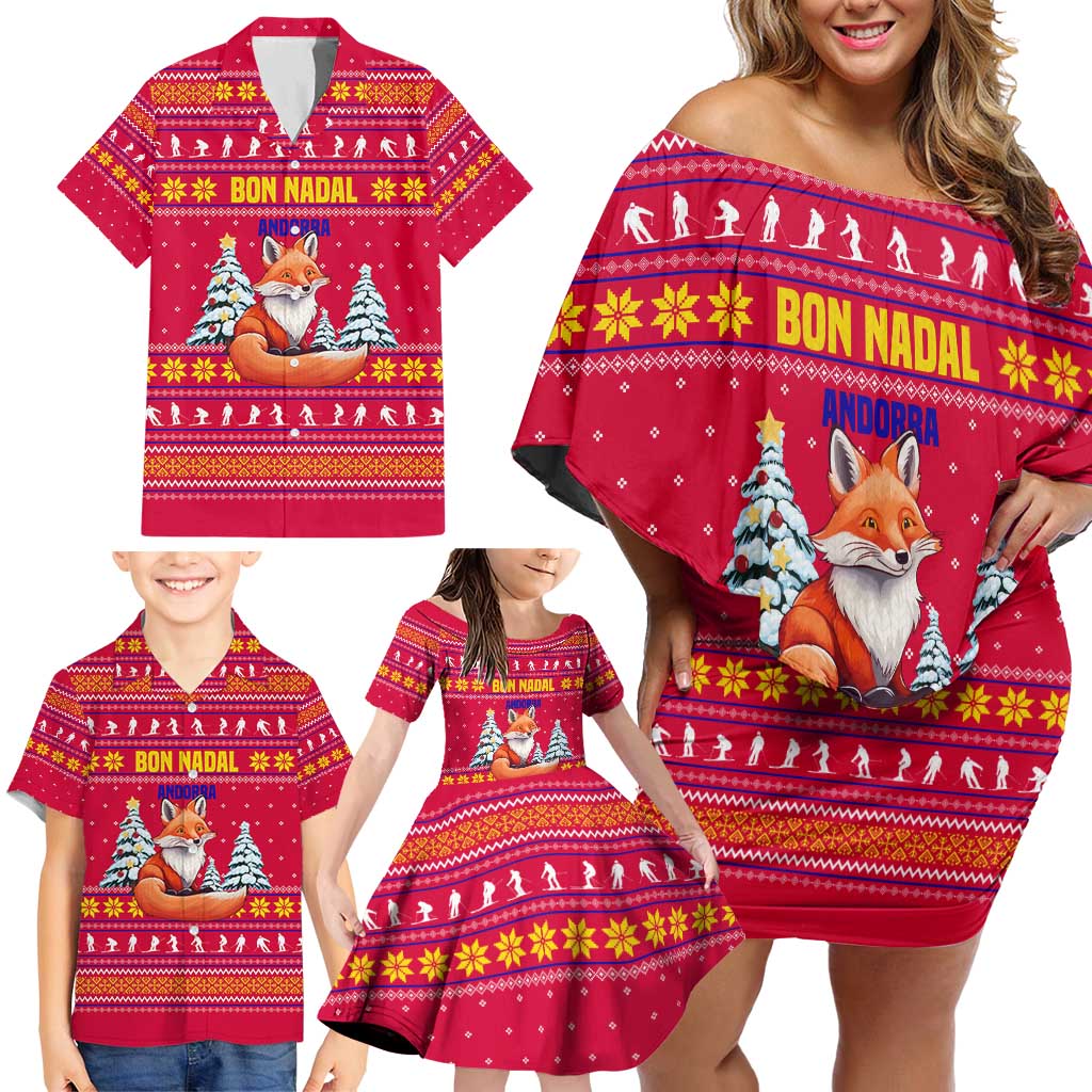 Bon Nadal Andorra Christmas Family Matching Off Shoulder Short Dress and Hawaiian Shirt with Fox Snowy Trees and Andorran Flag - Wonder Print Shop