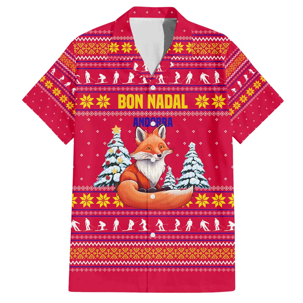 Bon Nadal Andorra Christmas Family Matching Off Shoulder Short Dress and Hawaiian Shirt with Fox Snowy Trees and Andorran Flag - Wonder Print Shop