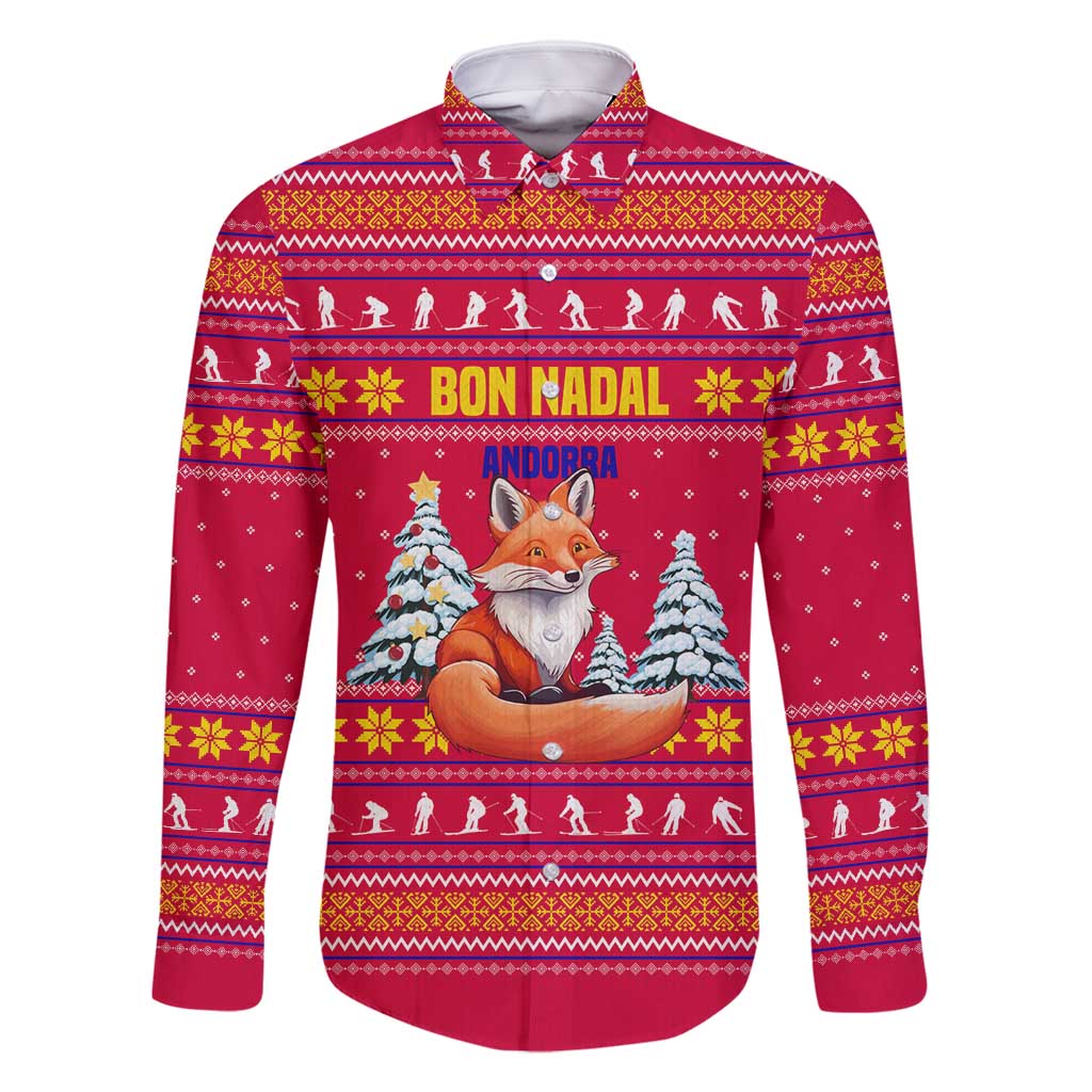 Bon Nadal Andorra Christmas Family Matching Off Shoulder Short Dress and Hawaiian Shirt with Fox Snowy Trees and Andorran Flag - Wonder Print Shop