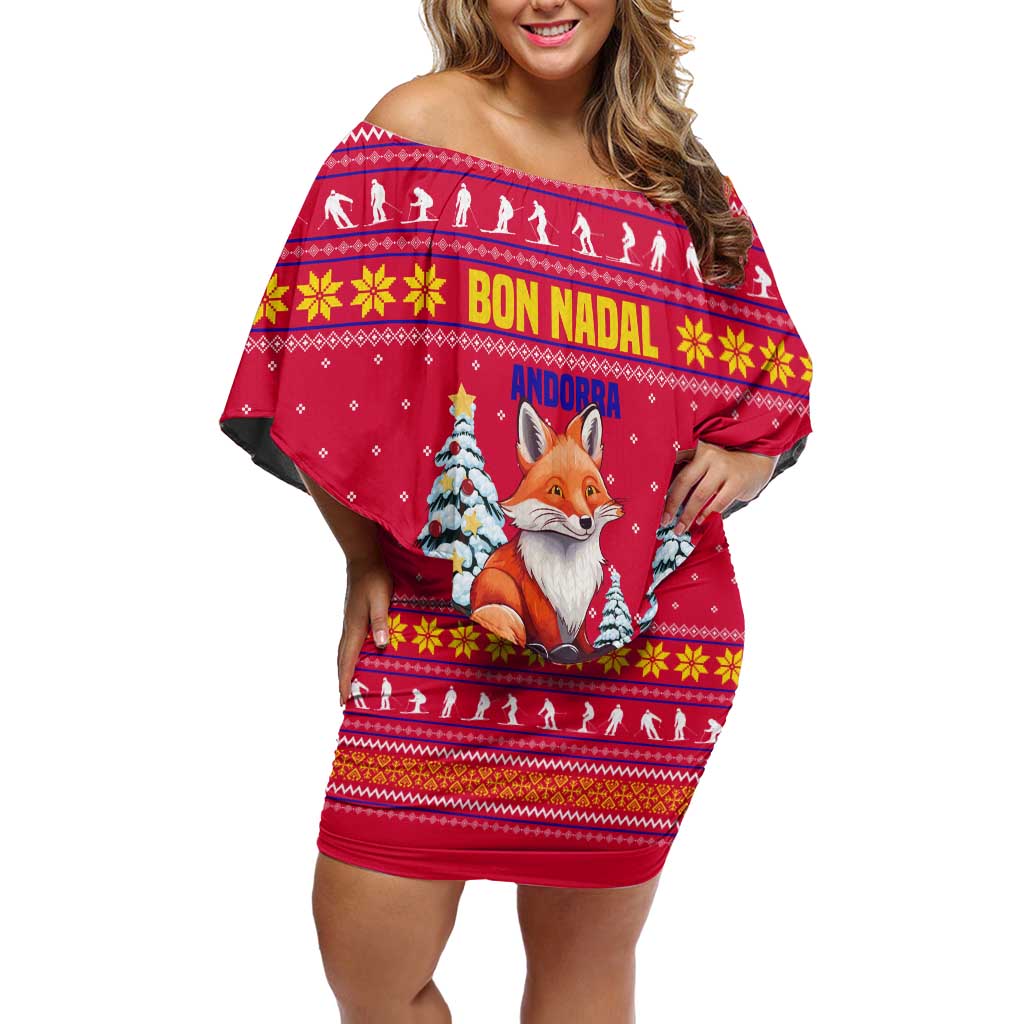 Bon Nadal Andorra Christmas Family Matching Off Shoulder Short Dress and Hawaiian Shirt with Fox Snowy Trees and Andorran Flag - Wonder Print Shop