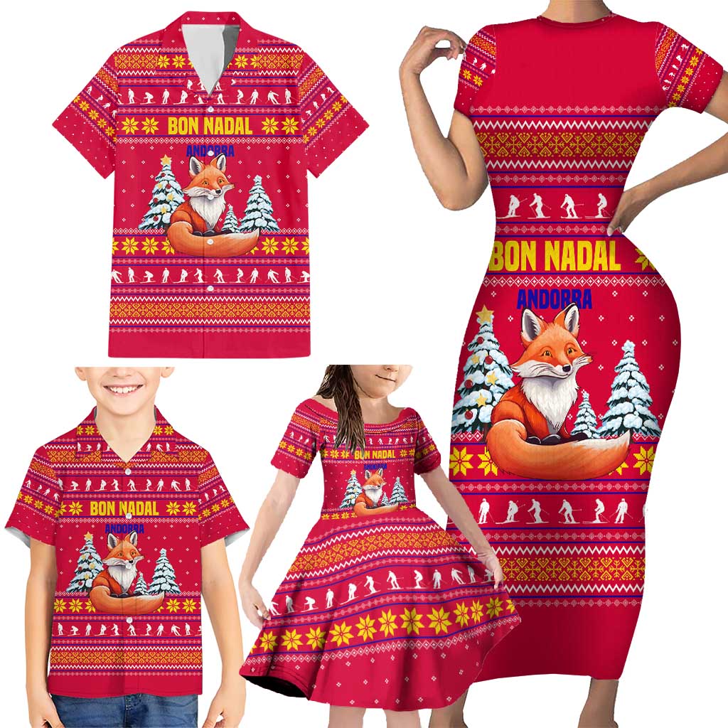 Bon Nadal Andorra Christmas Family Matching Short Sleeve Bodycon Dress and Hawaiian Shirt with Fox Snowy Trees and Andorran Flag - Wonder Print Shop