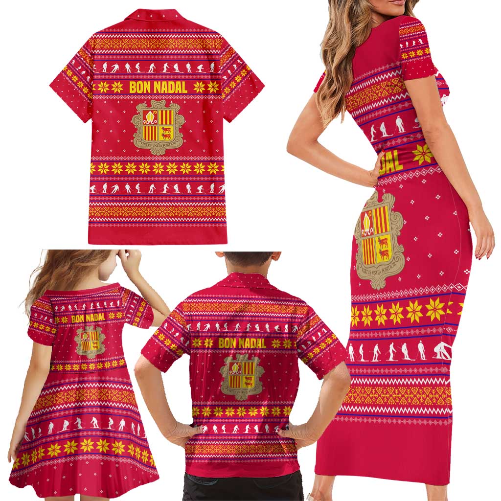 Bon Nadal Andorra Christmas Family Matching Short Sleeve Bodycon Dress and Hawaiian Shirt with Fox Snowy Trees and Andorran Flag - Wonder Print Shop