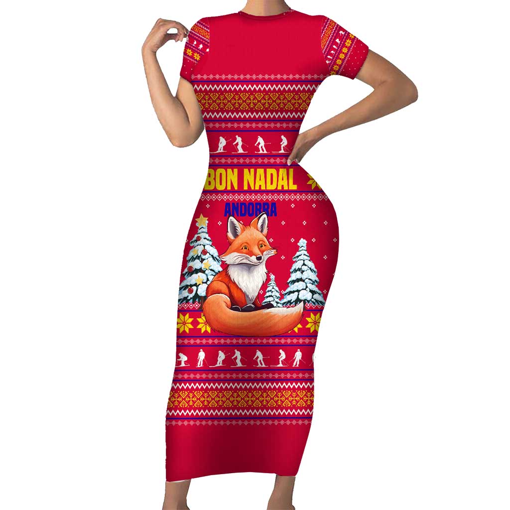Bon Nadal Andorra Christmas Family Matching Short Sleeve Bodycon Dress and Hawaiian Shirt with Fox Snowy Trees and Andorran Flag - Wonder Print Shop
