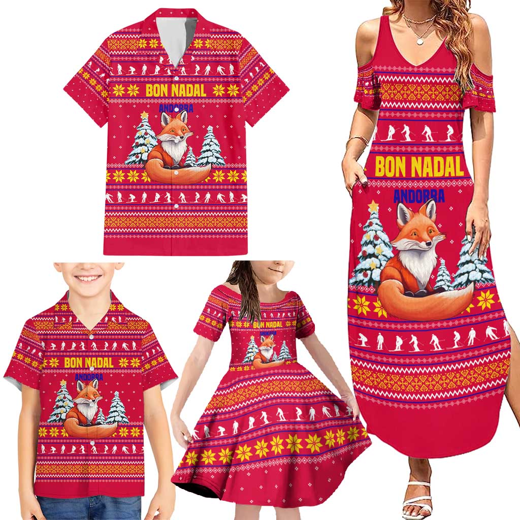 Bon Nadal Andorra Christmas Family Matching Summer Maxi Dress and Hawaiian Shirt with Fox Snowy Trees and Andorran Flag - Wonder Print Shop