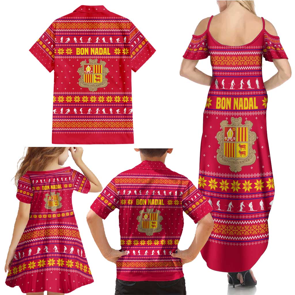 Bon Nadal Andorra Christmas Family Matching Summer Maxi Dress and Hawaiian Shirt with Fox Snowy Trees and Andorran Flag - Wonder Print Shop