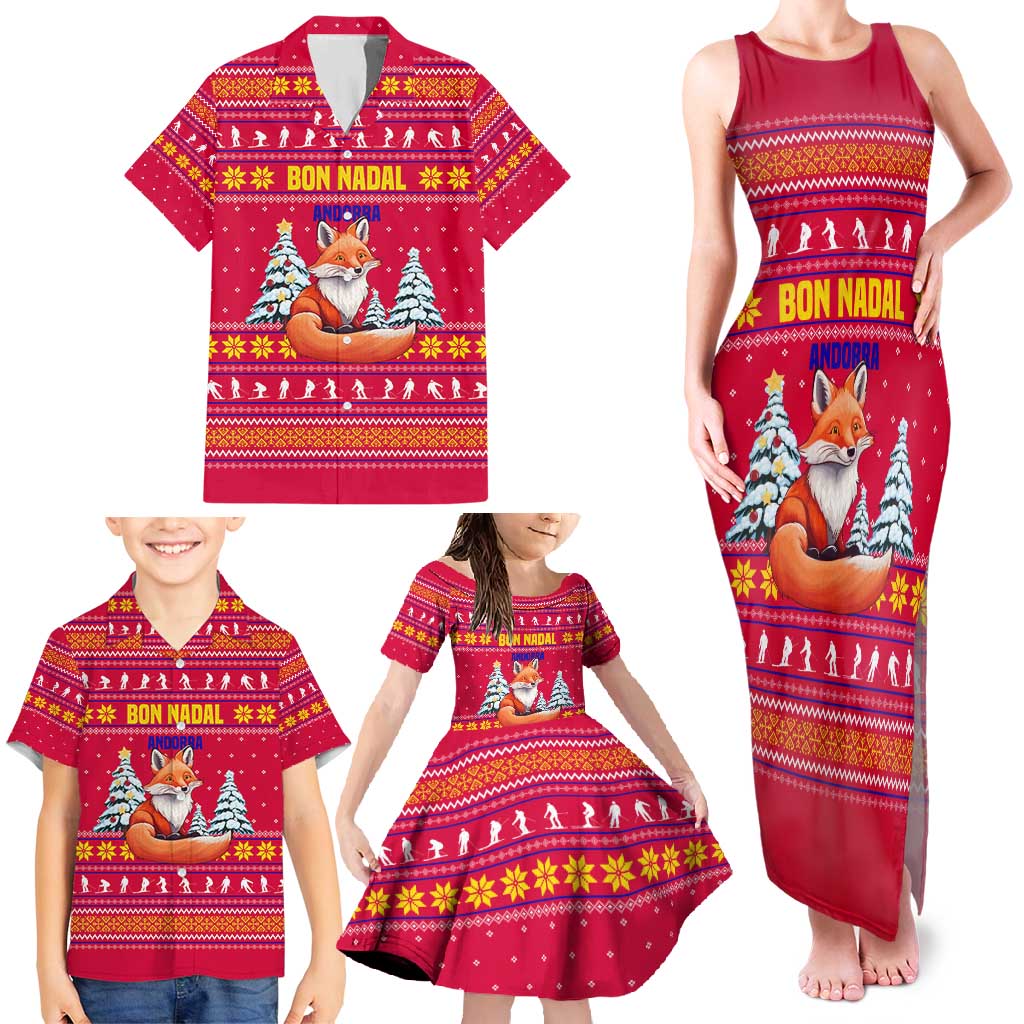 Bon Nadal Andorra Christmas Family Matching Tank Maxi Dress and Hawaiian Shirt with Fox Snowy Trees and Andorran Flag - Wonder Print Shop