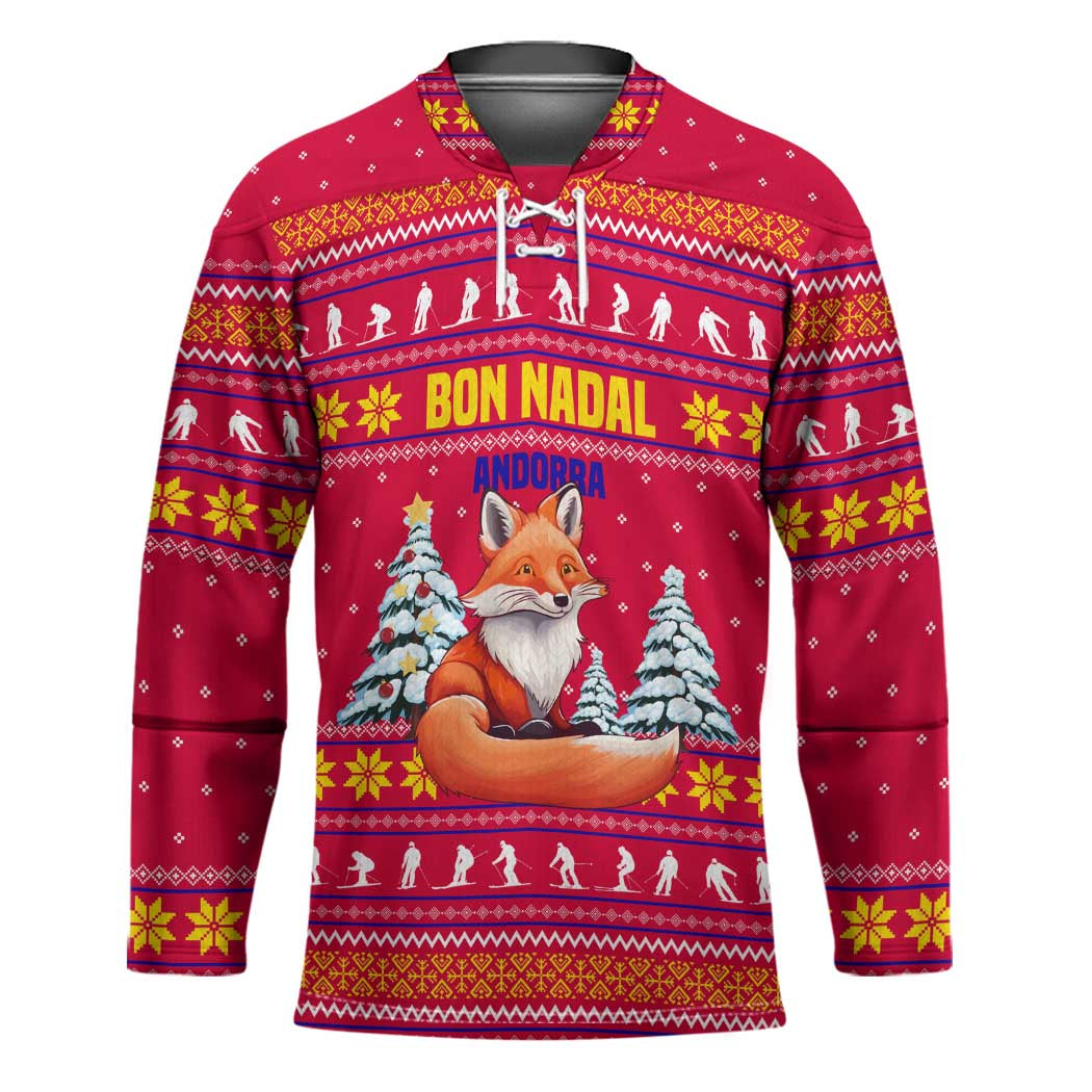 Bon Nadal Andorra Christmas Hockey Jersey with Fox Snowy Trees and Andorran Flag - Wonder Print Shop