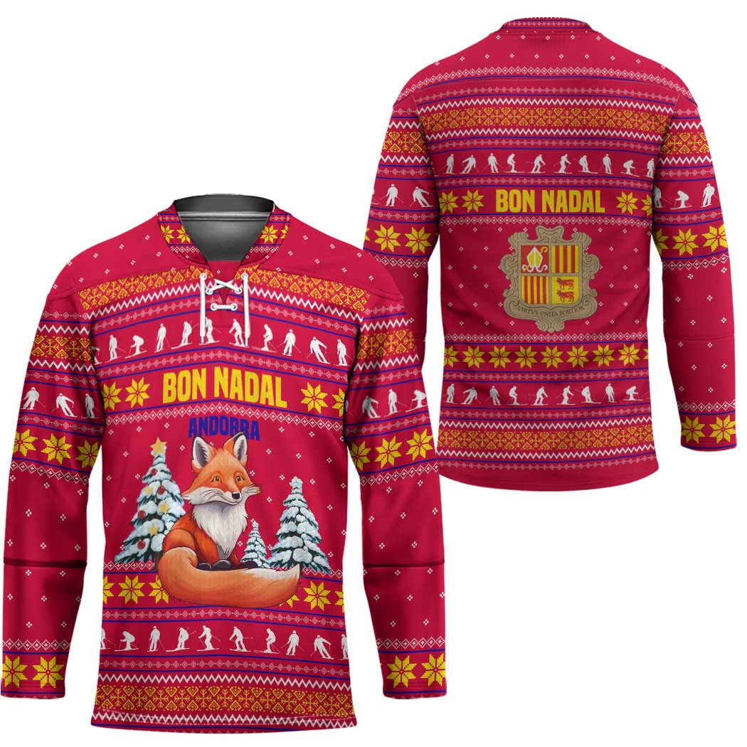 Bon Nadal Andorra Christmas Hockey Jersey with Fox Snowy Trees and Andorran Flag - Wonder Print Shop