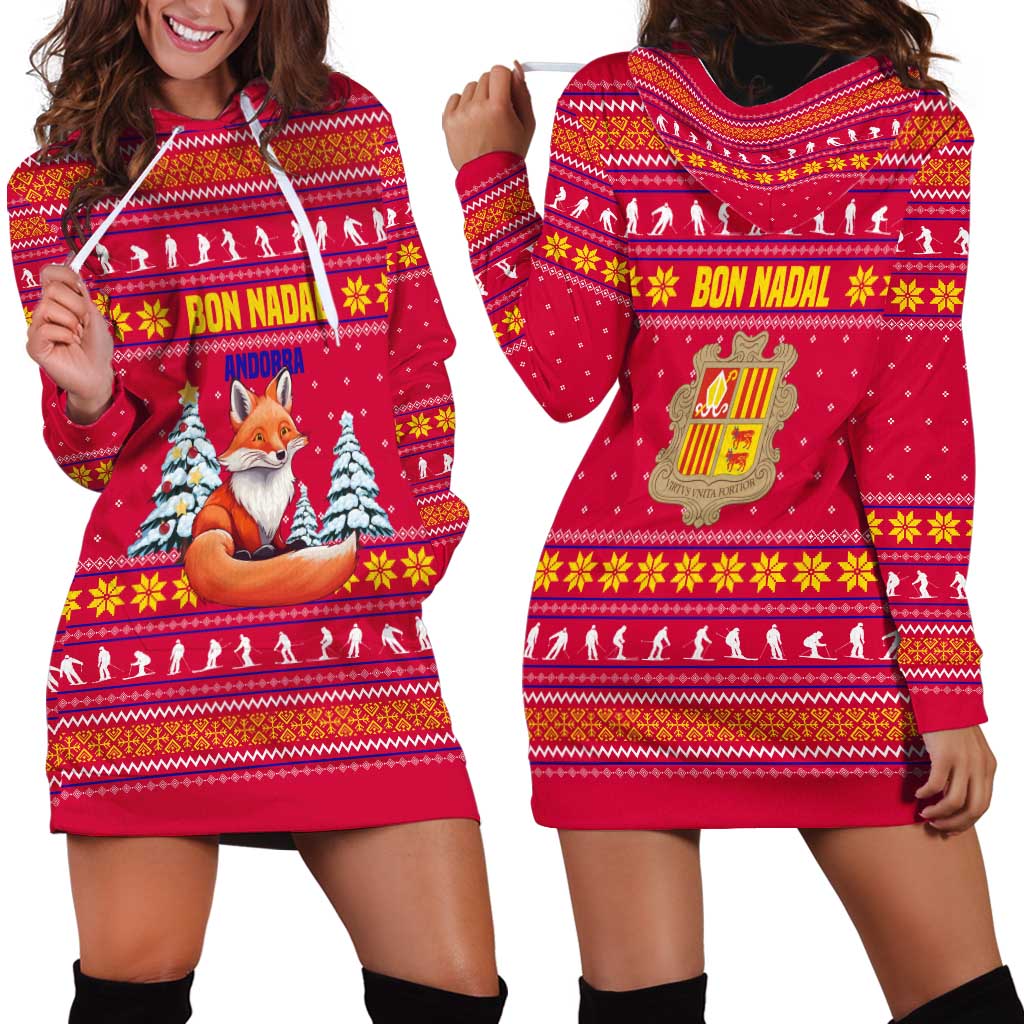 Bon Nadal Andorra Christmas Hoodie Dress with Fox Snowy Trees and Andorran Flag - Wonder Print Shop