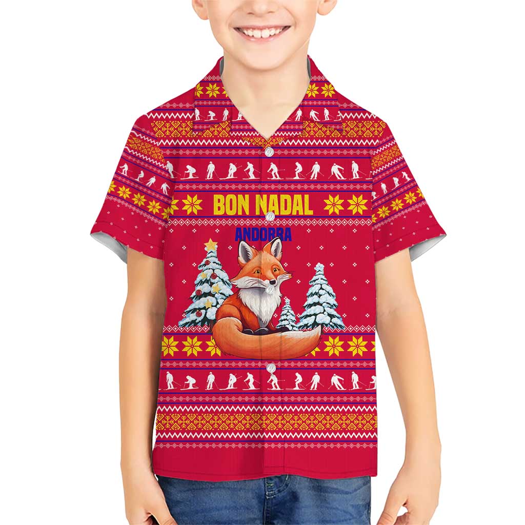 Bon Nadal Andorra Christmas Kid Hawaiian Shirt with Fox Snowy Trees and Andorran Flag - Wonder Print Shop