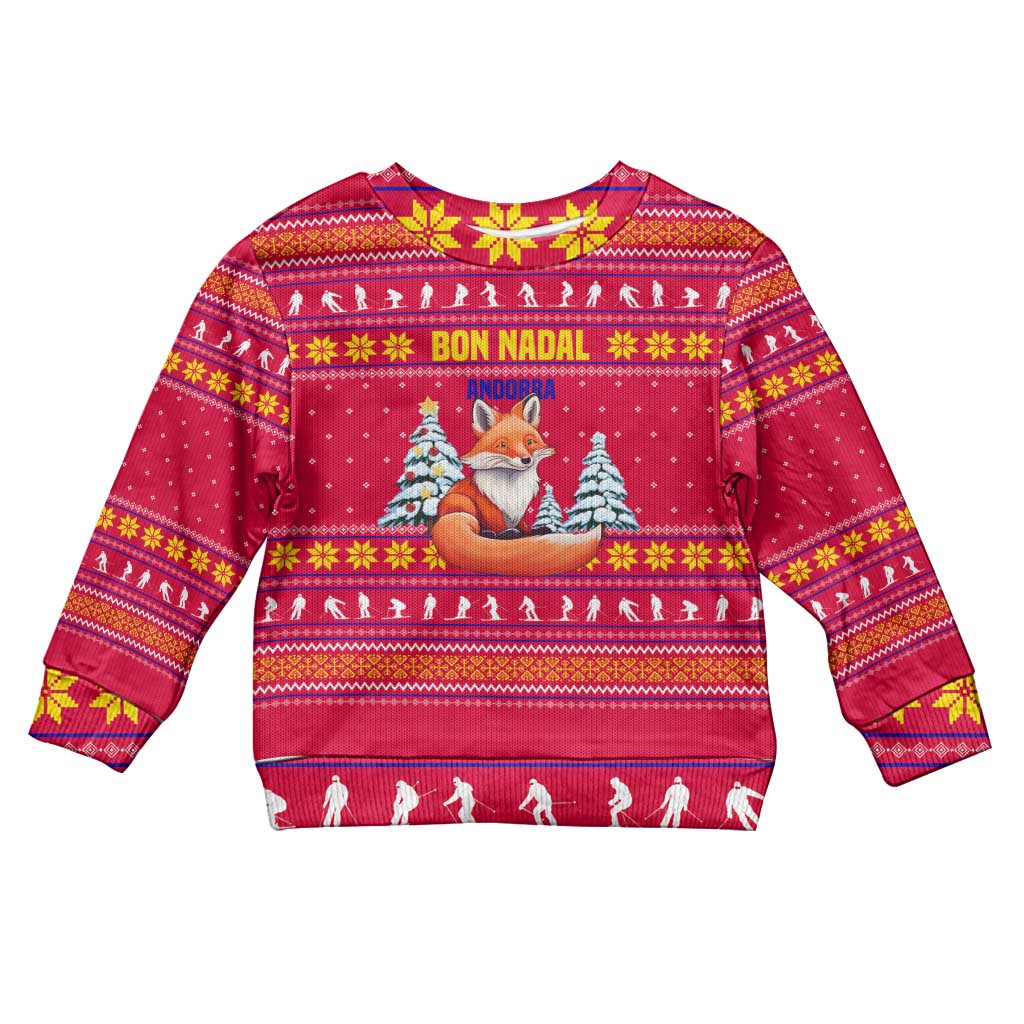 Bon Nadal Andorra Christmas Kid Ugly Christmas Sweater with Fox Snowy Trees and Andorran Flag - Wonder Print Shop