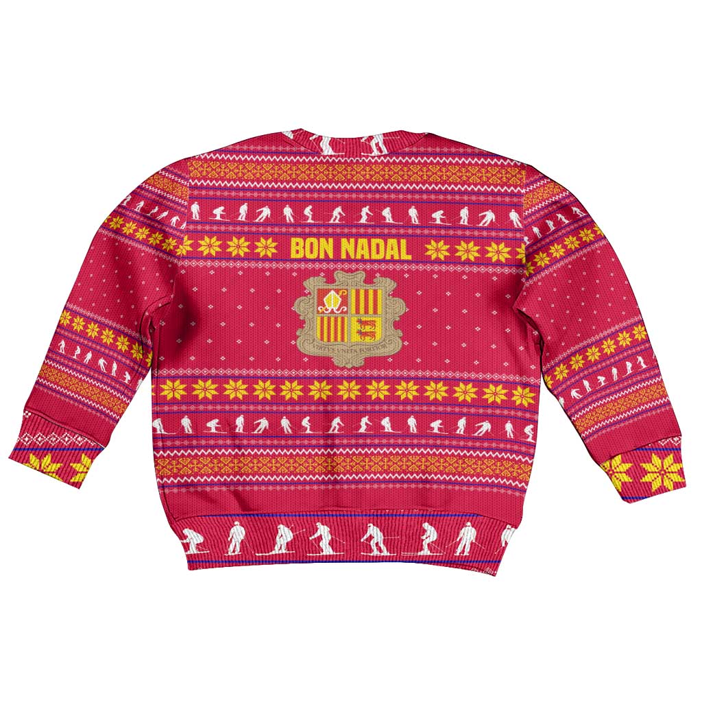 Bon Nadal Andorra Christmas Kid Ugly Christmas Sweater with Fox Snowy Trees and Andorran Flag - Wonder Print Shop