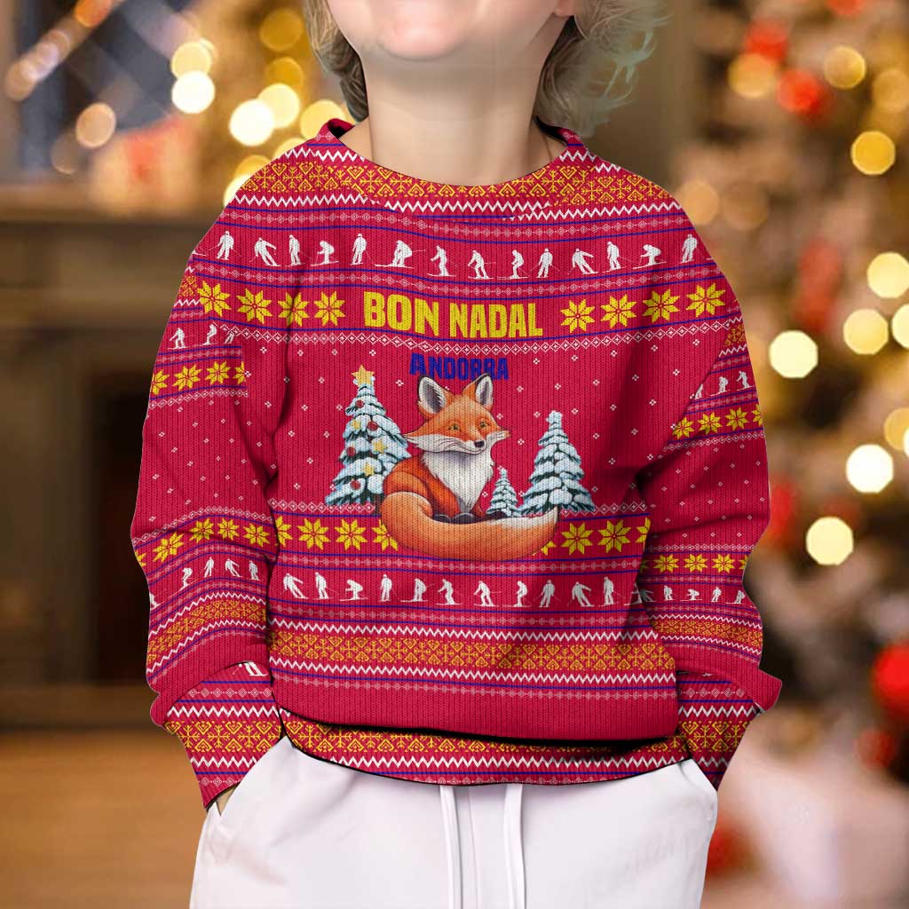 Bon Nadal Andorra Christmas Kid Ugly Christmas Sweater with Fox Snowy Trees and Andorran Flag - Wonder Print Shop
