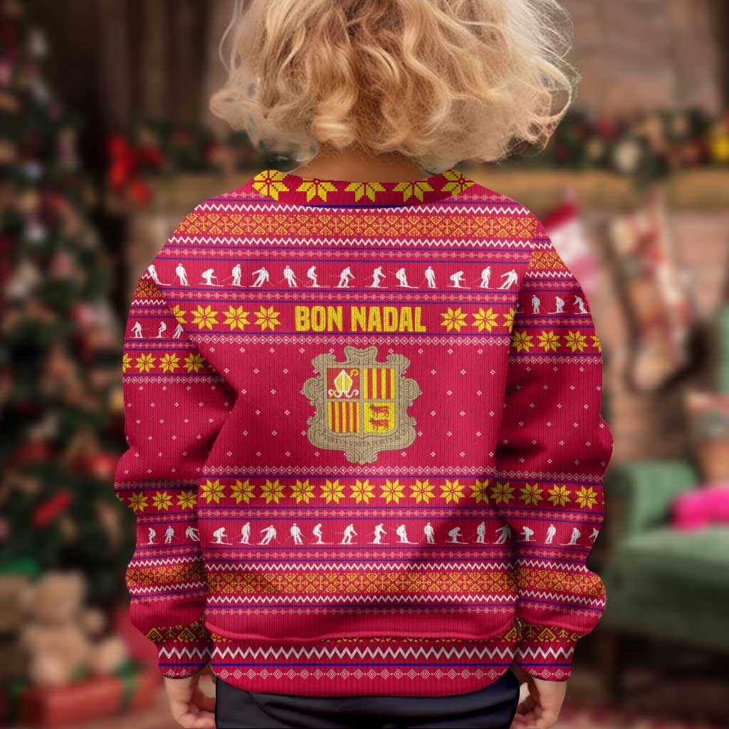 Bon Nadal Andorra Christmas Kid Ugly Christmas Sweater with Fox Snowy Trees and Andorran Flag - Wonder Print Shop