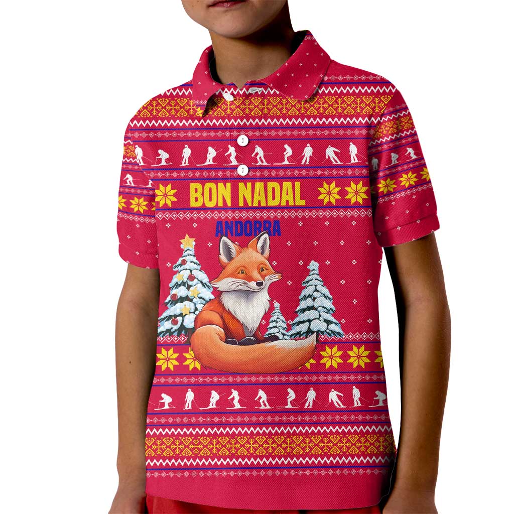 Bon Nadal Andorra Christmas Kid Polo Shirt with Fox Snowy Trees and Andorran Flag - Wonder Print Shop