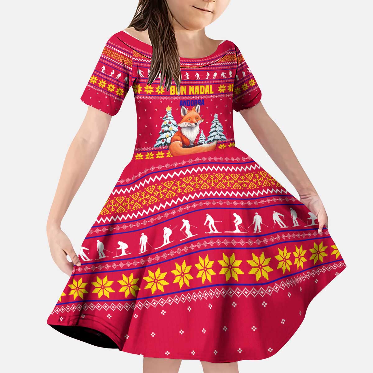 Bon Nadal Andorra Christmas Kid Short Sleeve Dress with Fox Snowy Trees and Andorran Flag - Wonder Print Shop