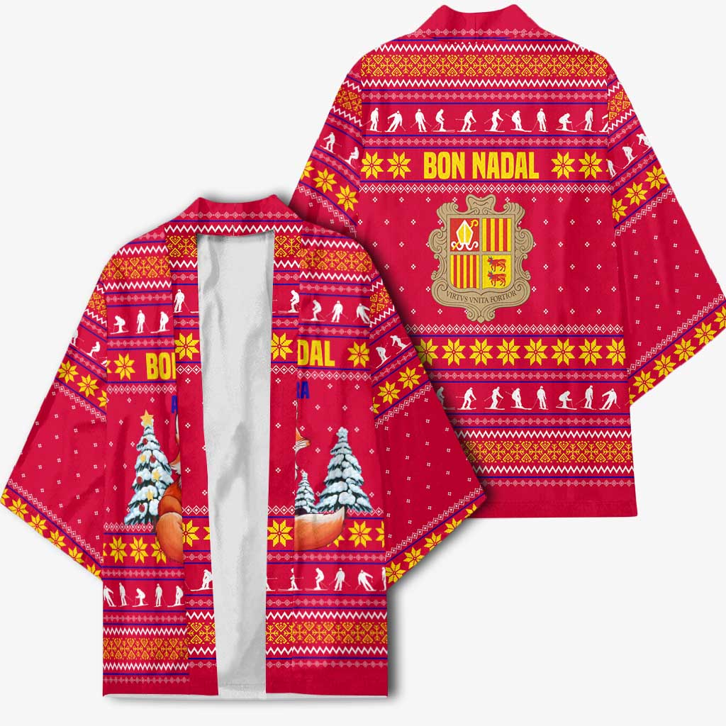 Bon Nadal Andorra Christmas Kimono with Fox Snowy Trees and Andorran Flag - Wonder Print Shop