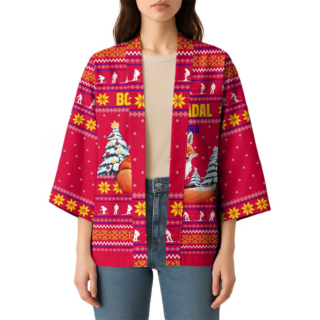Bon Nadal Andorra Christmas Kimono with Fox Snowy Trees and Andorran Flag - Wonder Print Shop