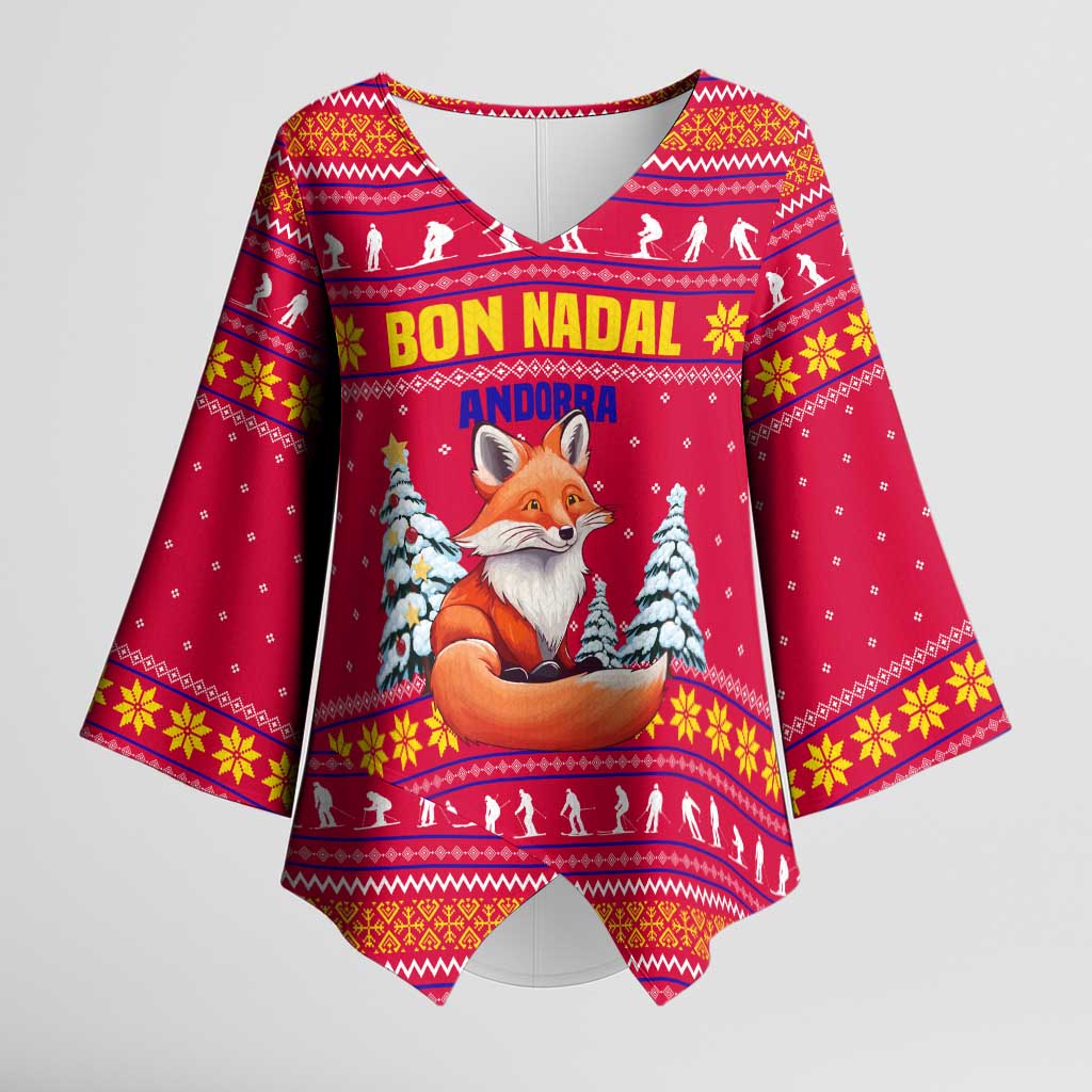 Bon Nadal Andorra Christmas Kimono Sleeve Blouse with Fox Snowy Trees and Andorran Flag - Wonder Print Shop