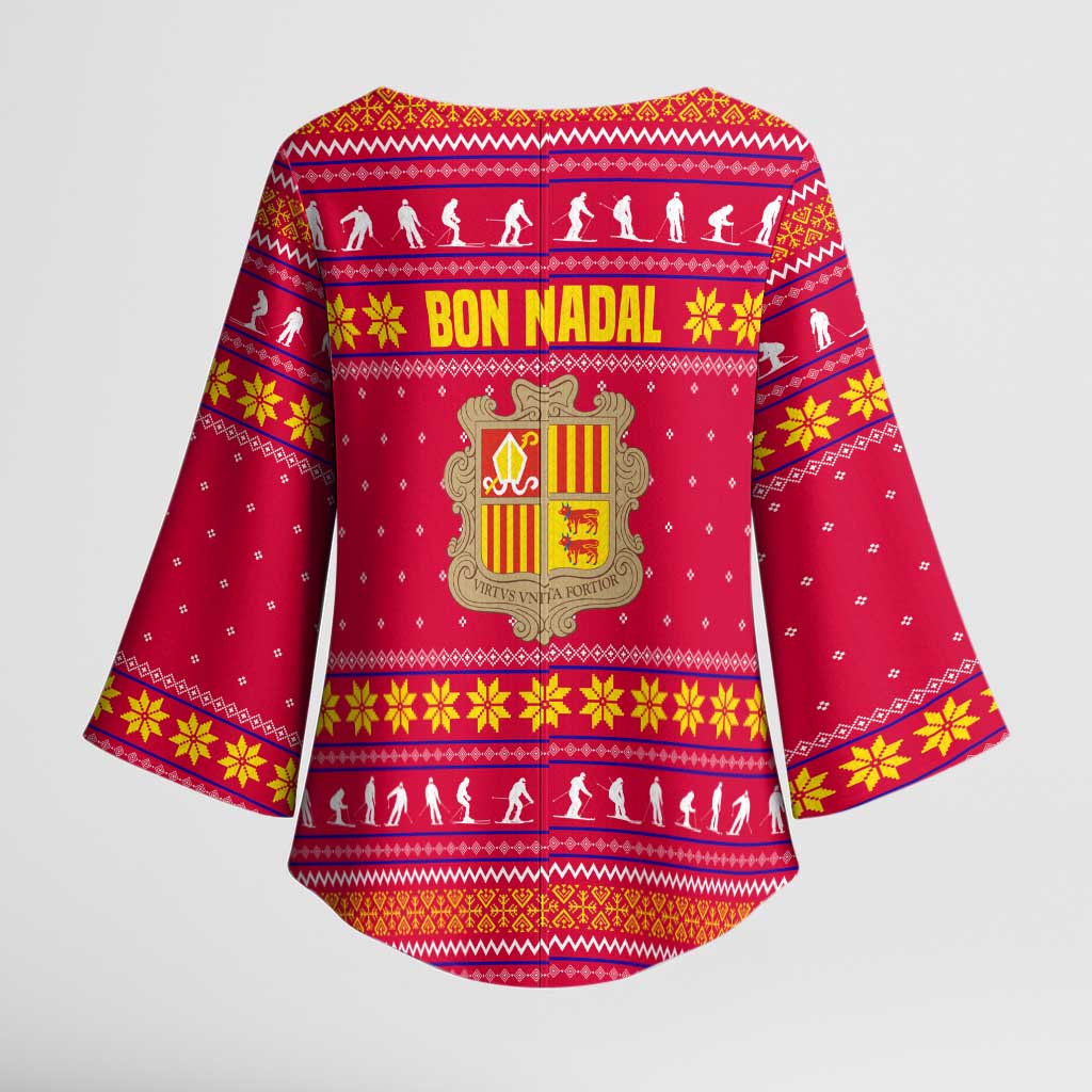 Bon Nadal Andorra Christmas Kimono Sleeve Blouse with Fox Snowy Trees and Andorran Flag - Wonder Print Shop