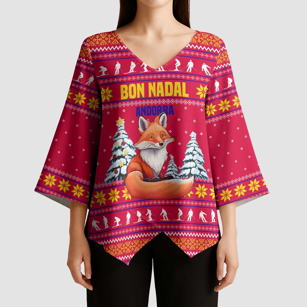 Bon Nadal Andorra Christmas Kimono Sleeve Blouse with Fox Snowy Trees and Andorran Flag - Wonder Print Shop