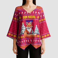 Bon Nadal Andorra Christmas Kimono Sleeve Blouse with Fox Snowy Trees and Andorran Flag - Wonder Print Shop